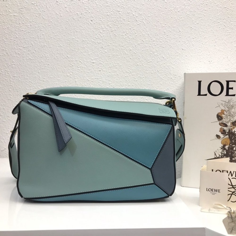 LOEWE Ladies Aqua And Light Blue Puzzle Leather Shoulder Bag In Aqua